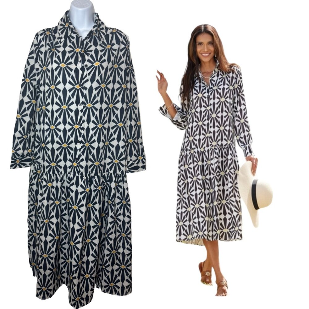 SundayUp Women's Sz M Long Sleeve Oversized Geometric Print Midi Dress(1905)